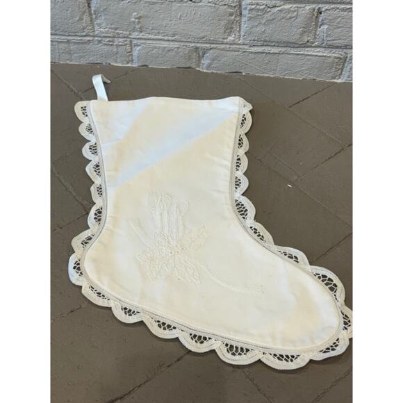 Christmas Battenberg Lace Stocking White Embroidered Victorian Old World Style - Picture 10 of 11